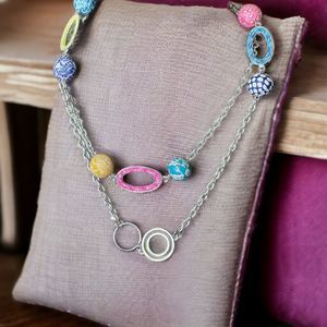 Viva Beads Polymer Clay Pink Blue Beads Unique Handmade Necklace 34” Long Length